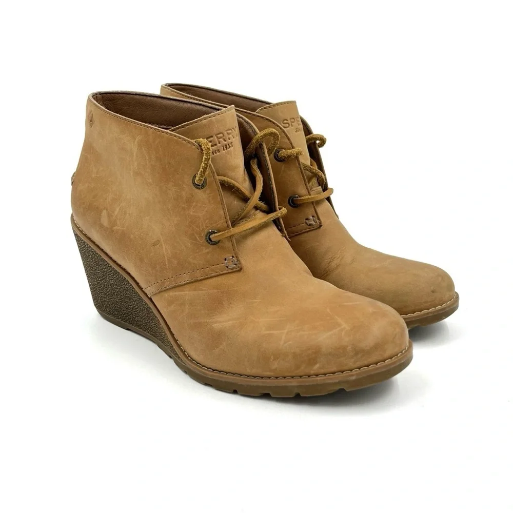 Sperry Tan Harlow Burnished Leather Ankle Wedge Boots Size 9